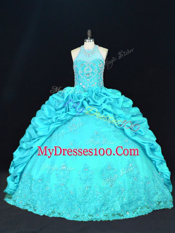Aqua Blue Halter Top Neckline Beading and Appliques and Embroidery and Pick Ups Ball Gown Prom Dress Sleeveless Lace Up