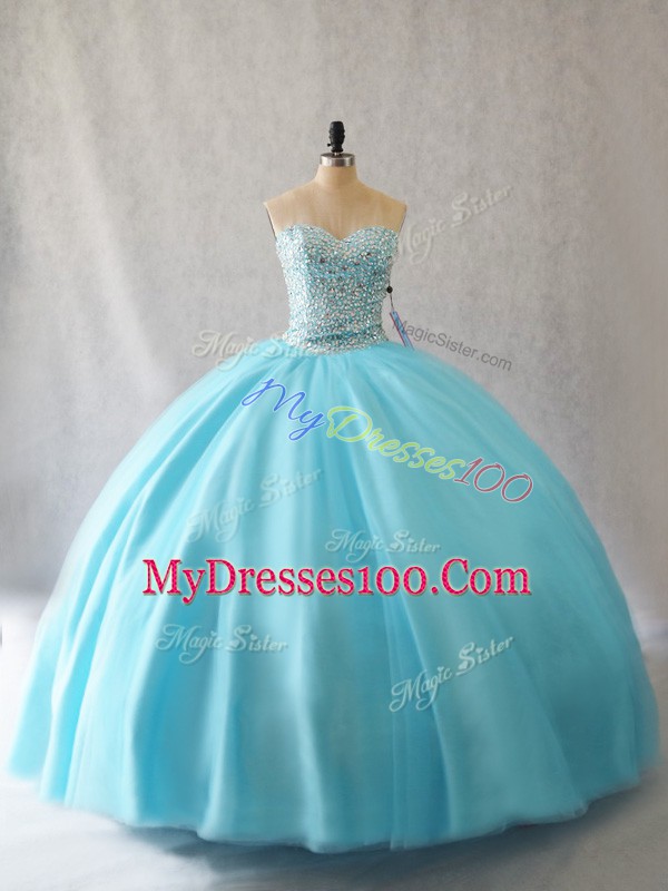 Chic Aqua Blue Tulle Lace Up Ball Gown Prom Dress Sleeveless Floor Length Beading