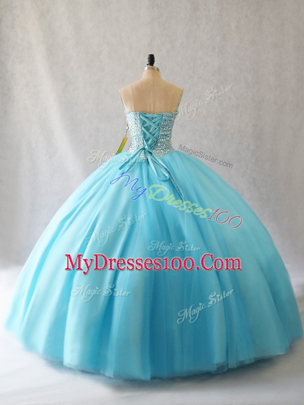 Chic Aqua Blue Tulle Lace Up Ball Gown Prom Dress Sleeveless Floor Length Beading