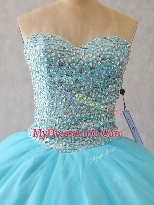 Chic Aqua Blue Tulle Lace Up Ball Gown Prom Dress Sleeveless Floor Length Beading