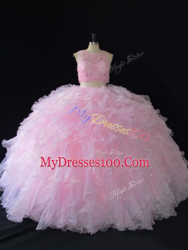 Artistic Baby Pink Organza Zipper Scoop Sleeveless Floor Length Sweet 16 Quinceanera Dress Beading