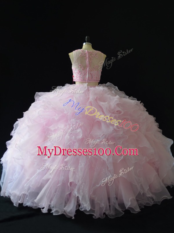 Artistic Baby Pink Organza Zipper Scoop Sleeveless Floor Length Sweet 16 Quinceanera Dress Beading