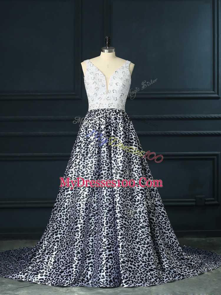 Sleeveless Brush Train Backless Beading Junior Homecoming Dress