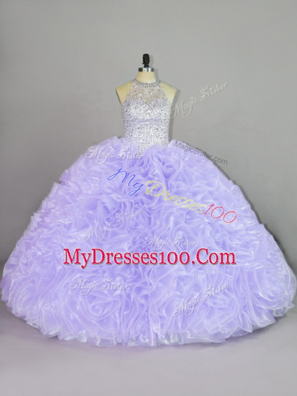 Lavender Ball Gowns Halter Top Sleeveless Organza Lace Up Beading and Ruffles Quinceanera Gown