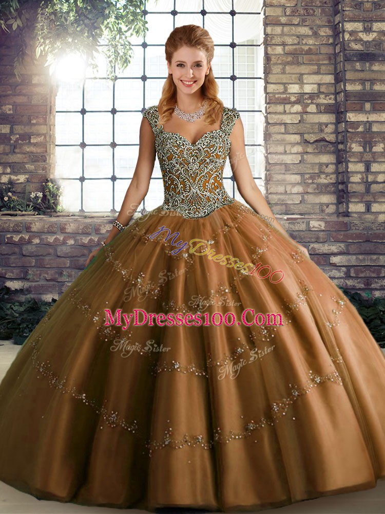 Floor Length Brown Quince Ball Gowns Straps Sleeveless Lace Up