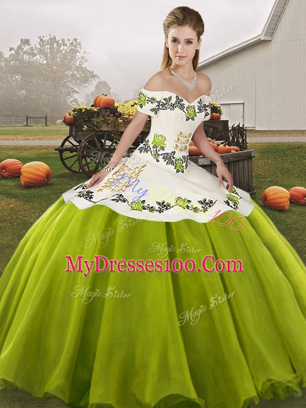 Sleeveless Floor Length Embroidery Lace Up Sweet 16 Dress with Olive Green