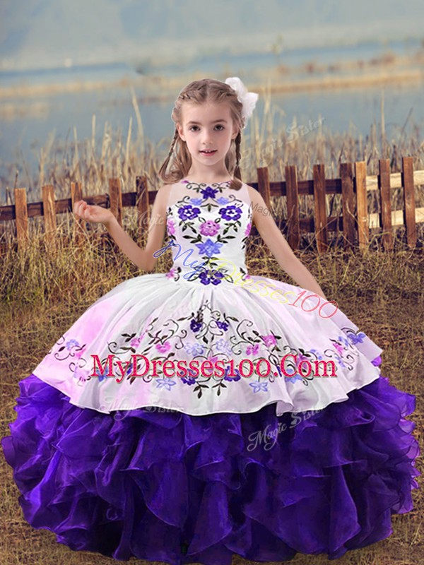 Purple Organza Lace Up Scoop Sleeveless Floor Length Pageant Dress Embroidery and Ruffles