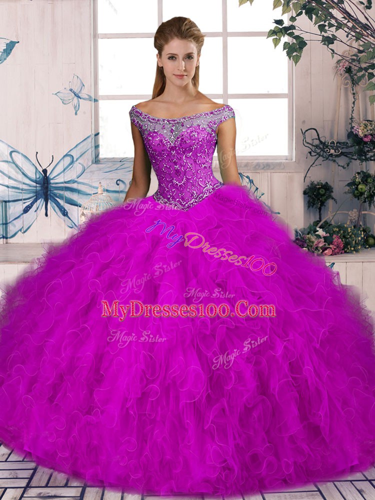 Beading and Ruffles Quince Ball Gowns Fuchsia Lace Up Sleeveless Brush Train