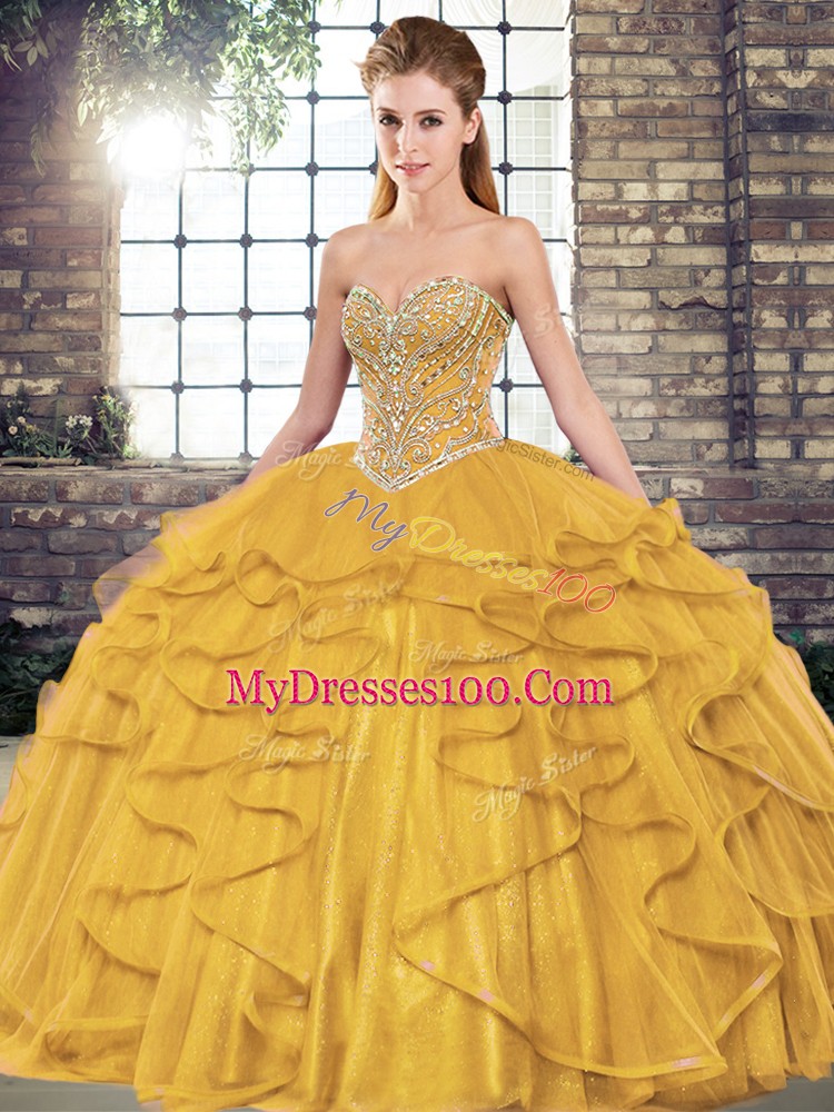 Floor Length Lace Up 15th Birthday Dress Gold for Military Ball and Sweet 16 and Quinceanera with Beading and Ruffles