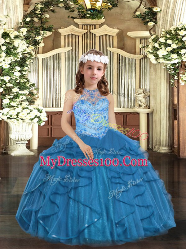 Floor Length Blue Pageant Gowns For Girls Tulle Sleeveless Beading and Ruffles