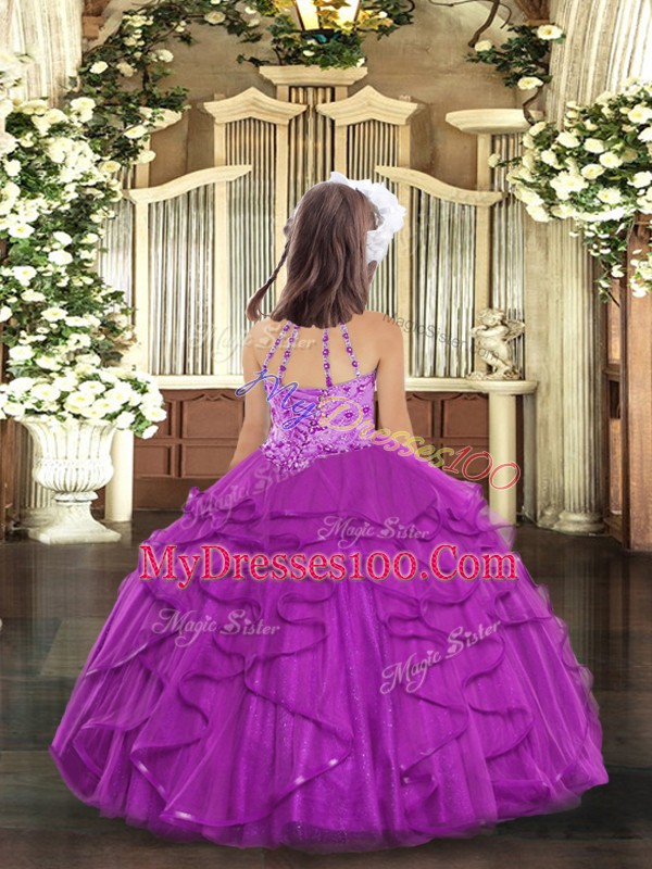 Floor Length Blue Pageant Gowns For Girls Tulle Sleeveless Beading and Ruffles
