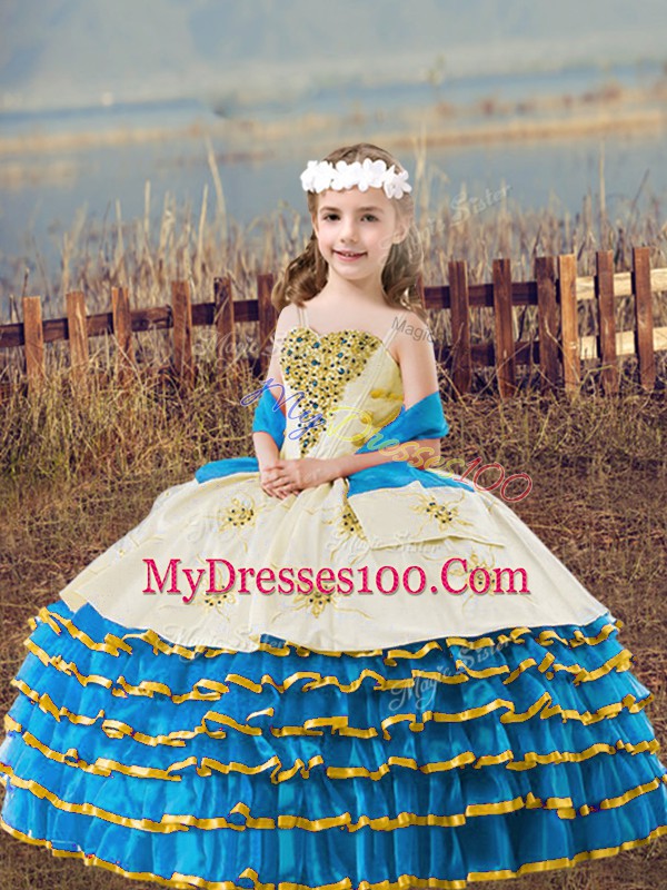 Baby Blue Sleeveless Organza Lace Up Kids Pageant Dress for Wedding Party