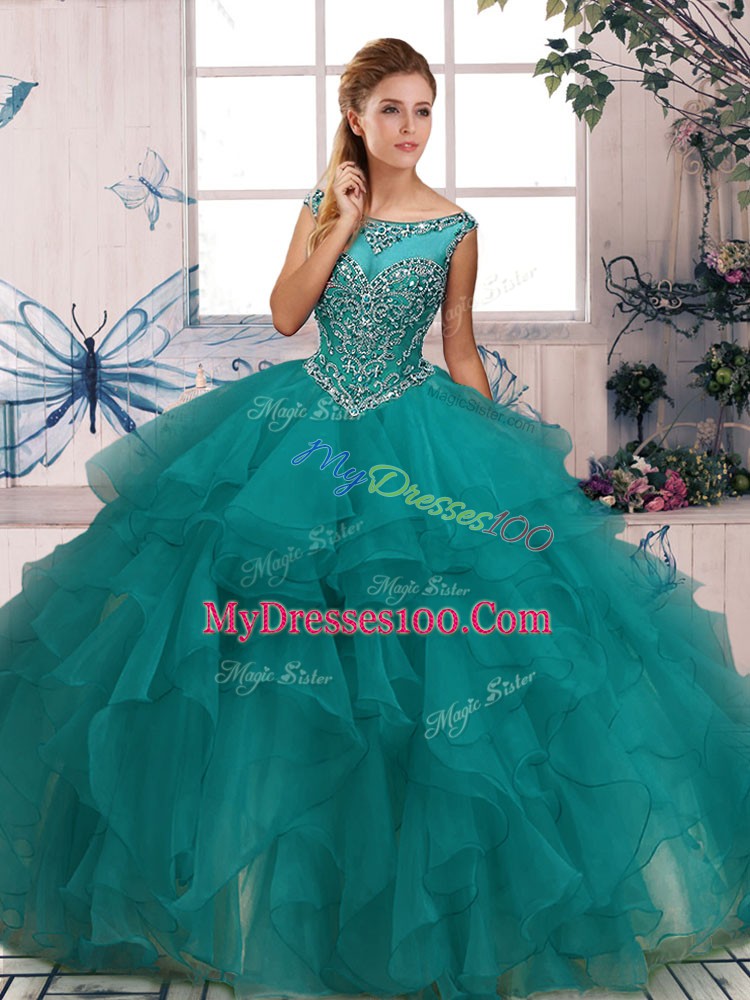 Customized Floor Length Turquoise 15 Quinceanera Dress Organza Sleeveless Beading and Ruffles