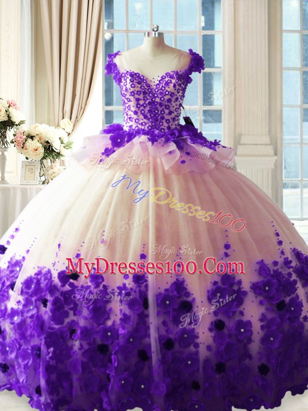 Fine Brush Train Ball Gowns Quinceanera Gowns White And Purple Scoop Tulle Sleeveless Zipper