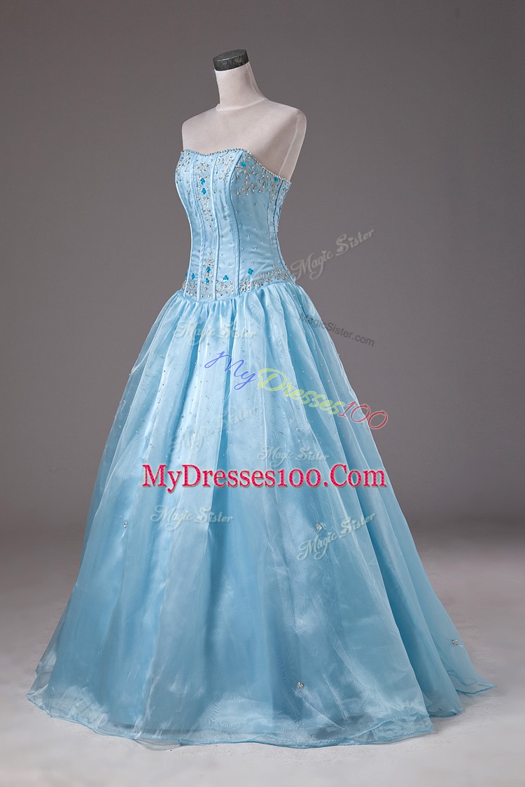 Baby Blue Organza Lace Up Sweet 16 Quinceanera Dress Sleeveless Floor Length Beading