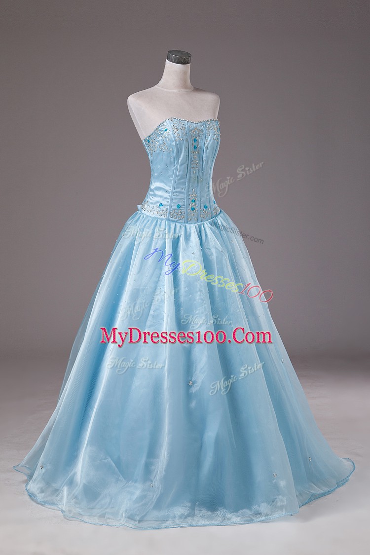 Baby Blue Organza Lace Up Sweet 16 Quinceanera Dress Sleeveless Floor Length Beading