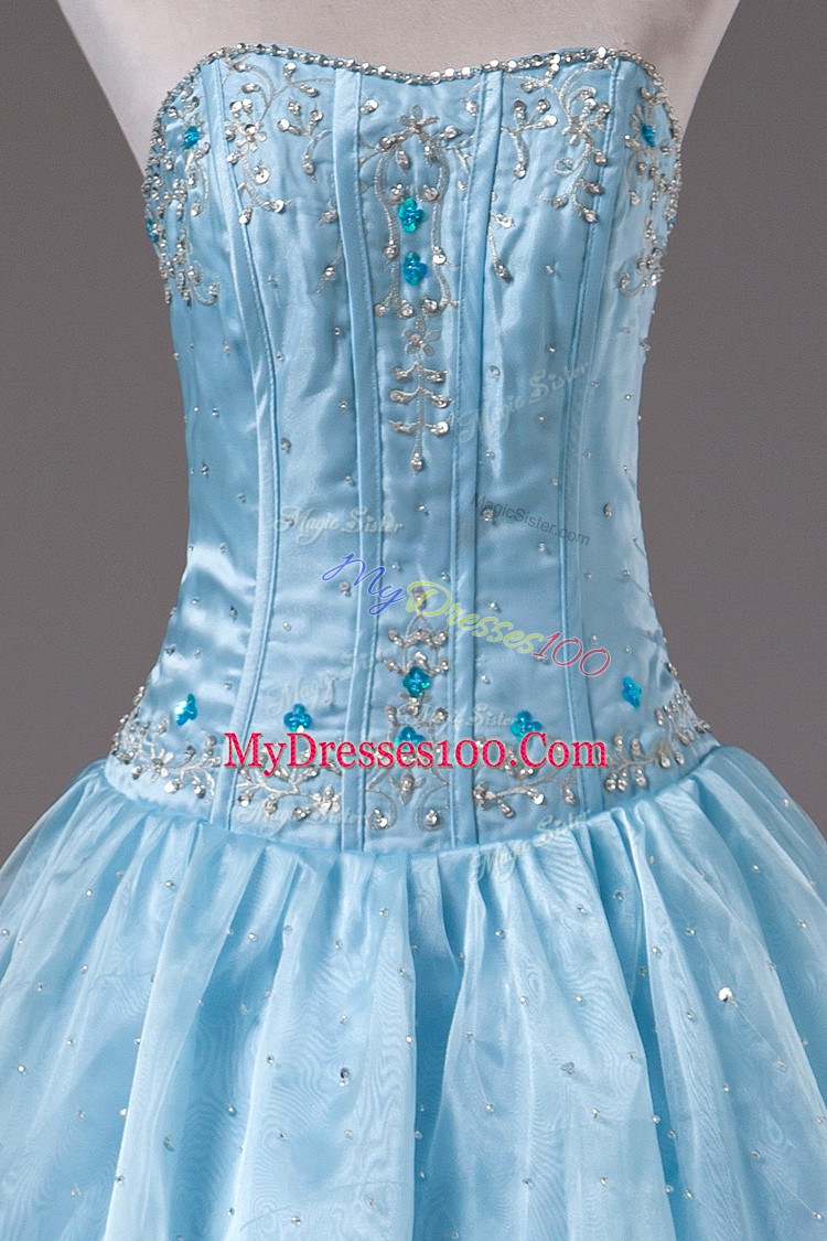 Baby Blue Organza Lace Up Sweet 16 Quinceanera Dress Sleeveless Floor Length Beading