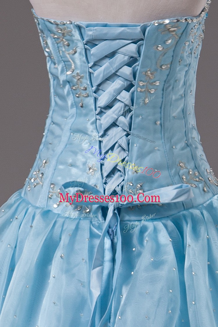 Baby Blue Organza Lace Up Sweet 16 Quinceanera Dress Sleeveless Floor Length Beading