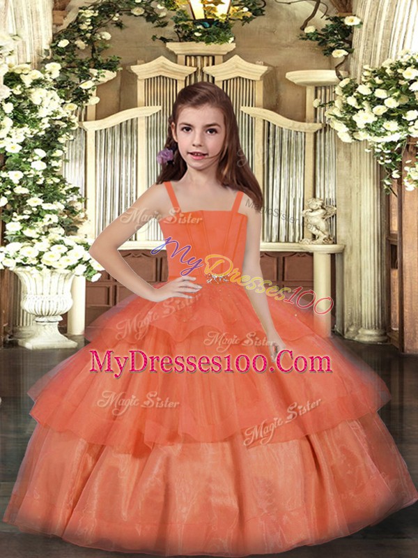 Orange Red Sleeveless Ruffled Layers Floor Length Child Pageant Dress