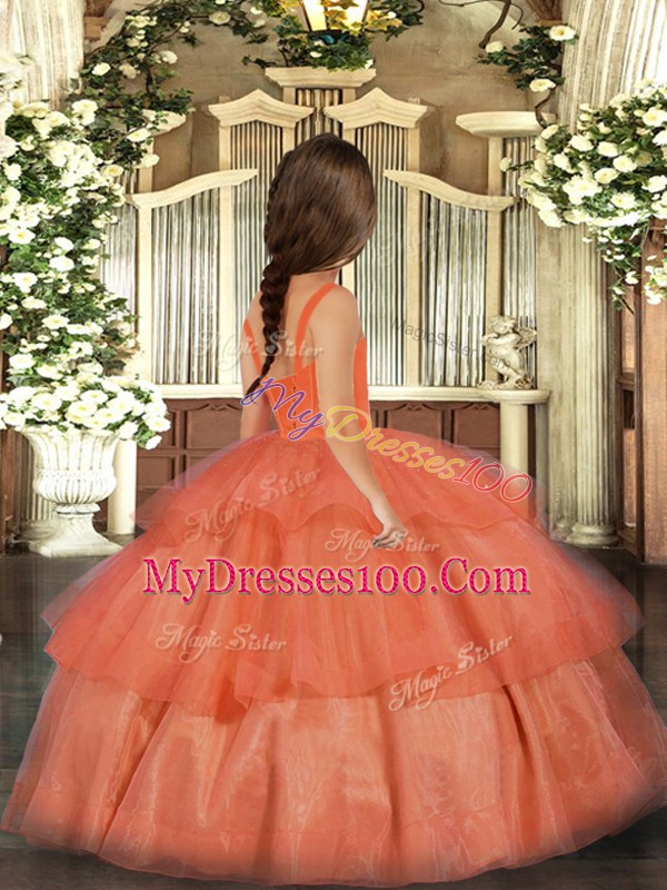 Orange Red Sleeveless Ruffled Layers Floor Length Child Pageant Dress