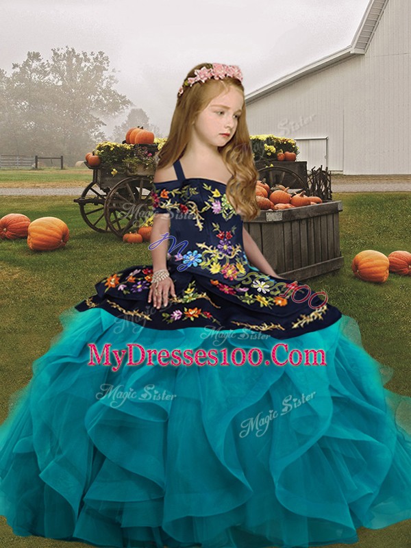 High Quality Sleeveless Floor Length Embroidery and Ruffles Lace Up Little Girl Pageant Gowns with Teal
