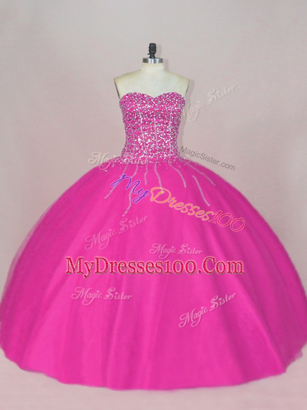 Decent Sleeveless Asymmetrical Beading Lace Up Quinceanera Gowns with Fuchsia