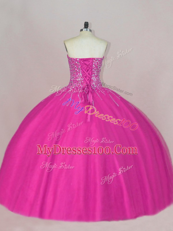 Decent Sleeveless Asymmetrical Beading Lace Up Quinceanera Gowns with Fuchsia