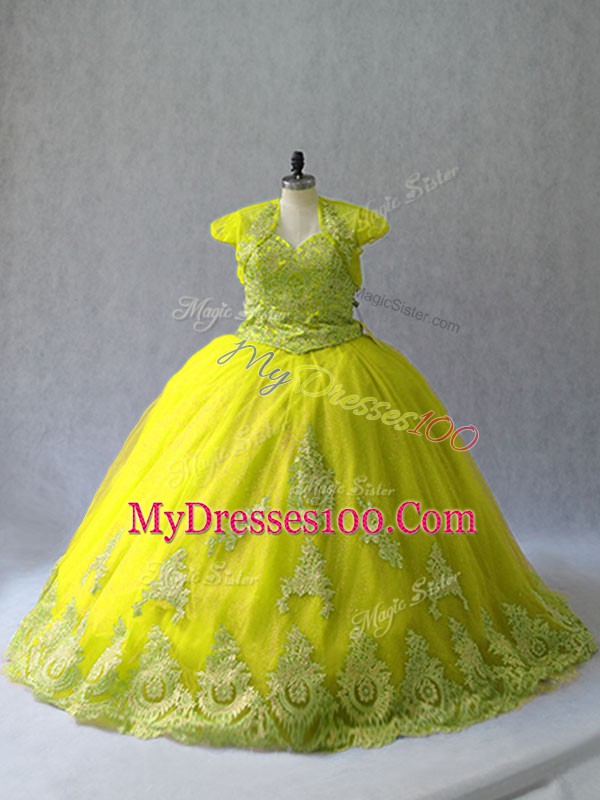 Yellow Green Quince Ball Gowns Sweetheart Sleeveless Court Train Lace Up