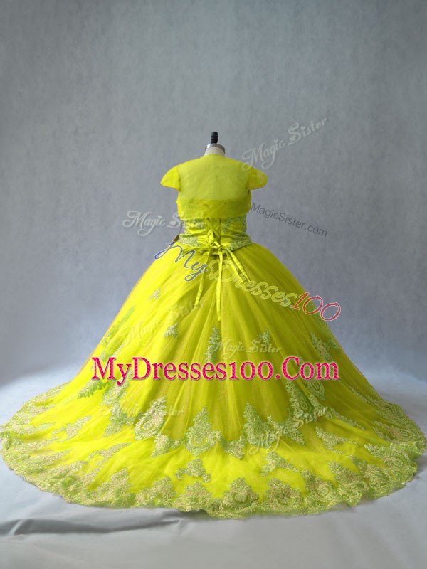 Yellow Green Quince Ball Gowns Sweetheart Sleeveless Court Train Lace Up