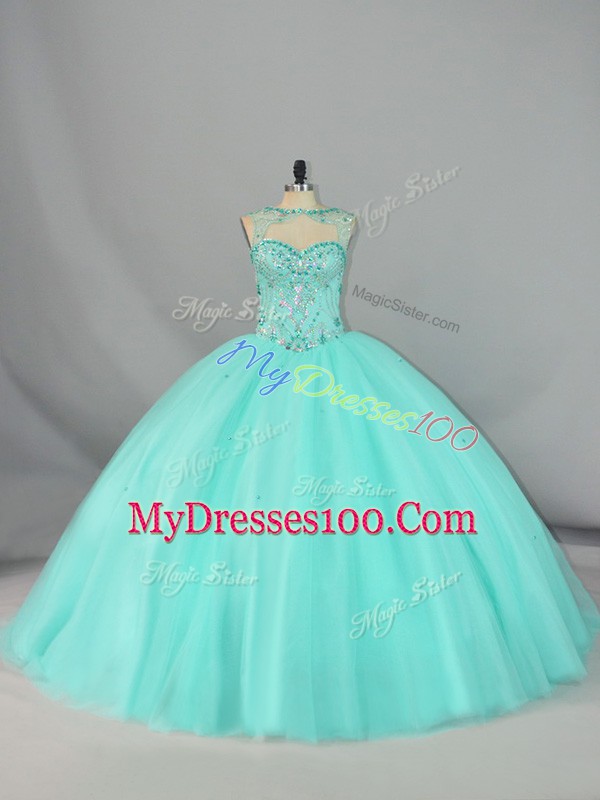 Glorious Apple Green Lace Up Quinceanera Dresses Beading Sleeveless Brush Train
