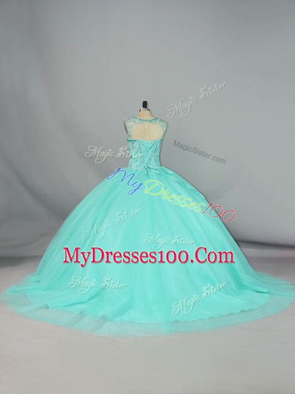 Glorious Apple Green Lace Up Quinceanera Dresses Beading Sleeveless Brush Train