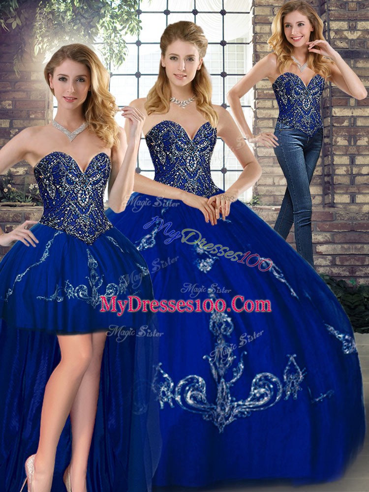 Royal Blue Lace Up Sweetheart Beading and Embroidery 15 Quinceanera Dress Tulle Sleeveless