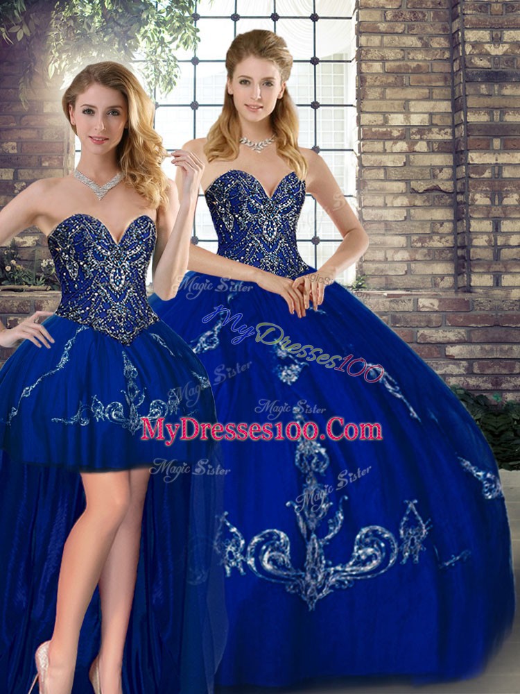 Royal Blue Lace Up Sweetheart Beading and Embroidery 15 Quinceanera Dress Tulle Sleeveless