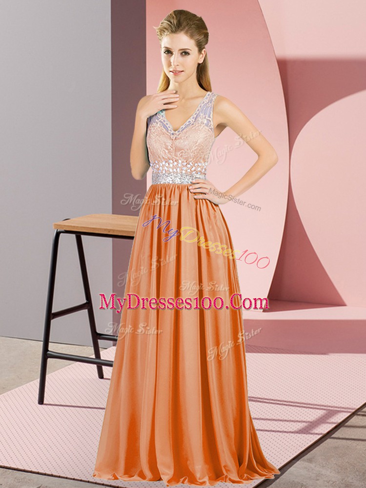 Dazzling Sleeveless Floor Length Beading and Lace Backless Homecoming Dress with Orange