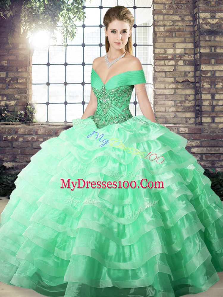 Amazing Off The Shoulder Sleeveless Quince Ball Gowns Brush Train Beading and Ruffled Layers Apple Green Organza