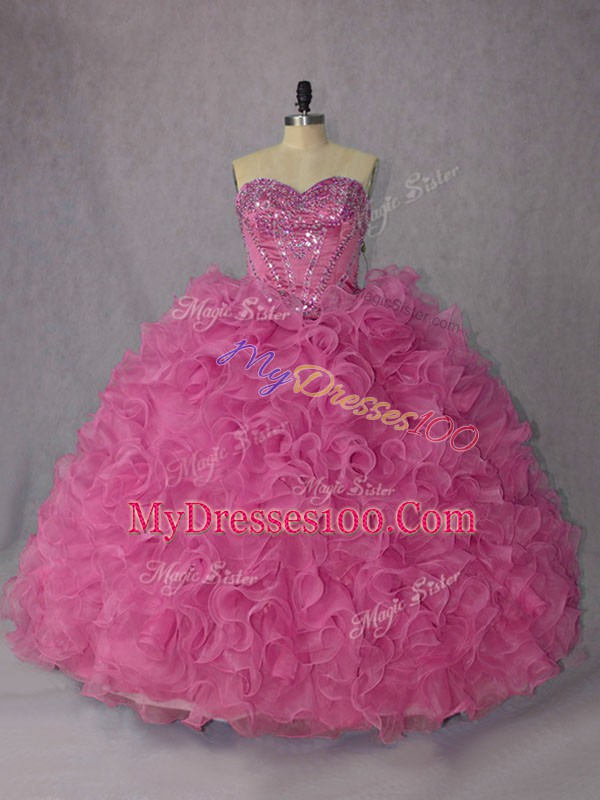 Trendy Rose Pink Organza Lace Up Quinceanera Dresses Sleeveless Brush Train Beading and Ruffles