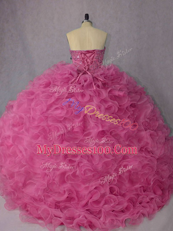 Trendy Rose Pink Organza Lace Up Quinceanera Dresses Sleeveless Brush Train Beading and Ruffles