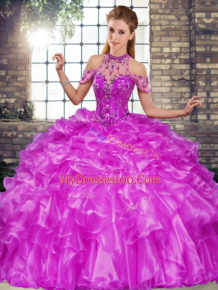 Purple Sleeveless Beading and Ruffles Floor Length Sweet 16 Quinceanera Dress