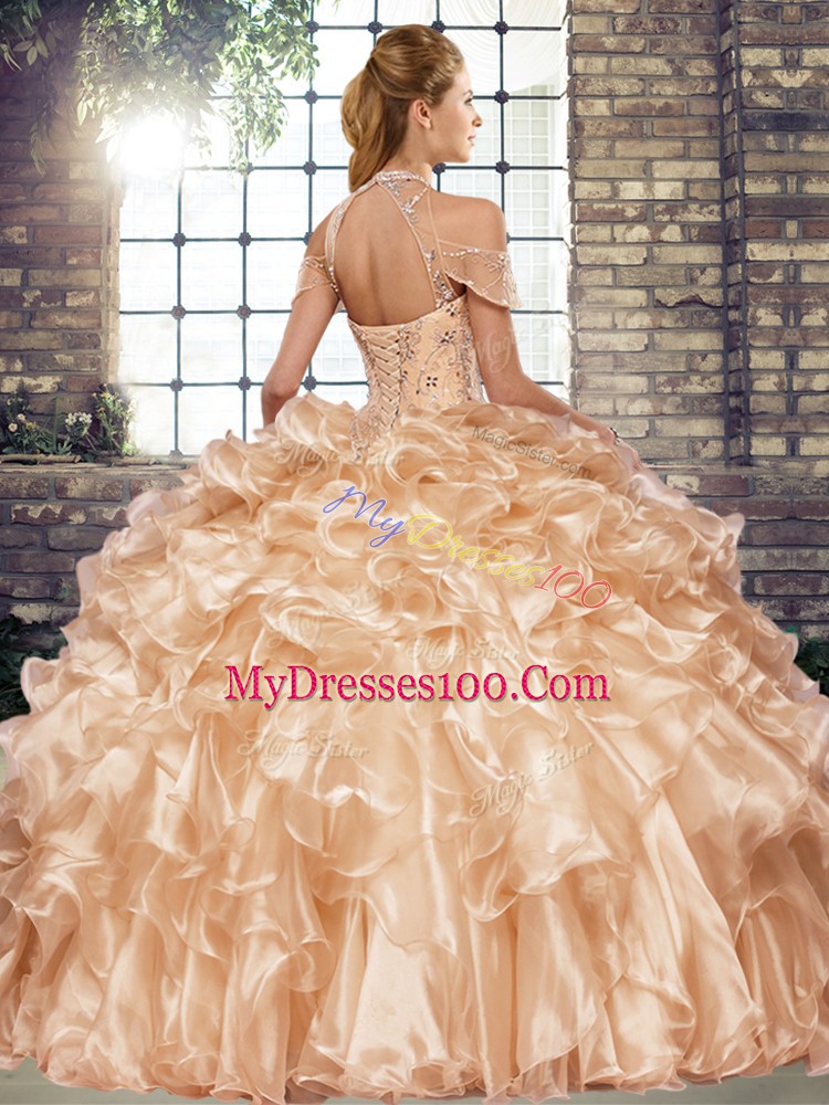 Purple Sleeveless Beading and Ruffles Floor Length Sweet 16 Quinceanera Dress