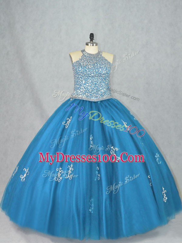 Attractive Blue Vestidos de Quinceanera Sweet 16 and Quinceanera with Beading and Appliques Halter Top Sleeveless Lace Up