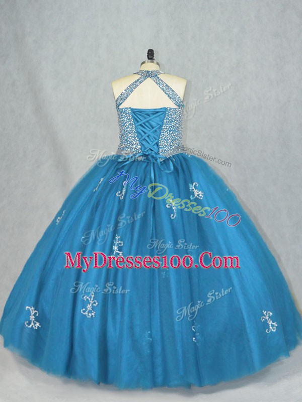 Attractive Blue Vestidos de Quinceanera Sweet 16 and Quinceanera with Beading and Appliques Halter Top Sleeveless Lace Up