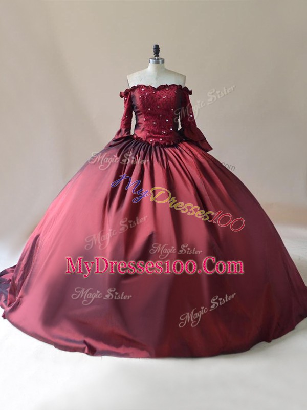 Long Sleeves Brush Train Lace Up Beading Ball Gown Prom Dress