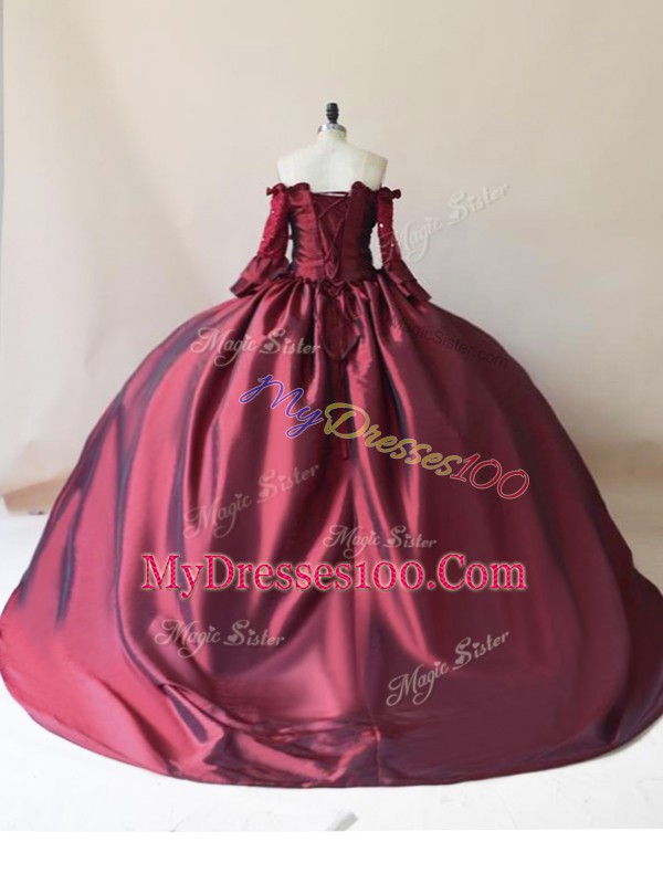 Long Sleeves Brush Train Lace Up Beading Ball Gown Prom Dress