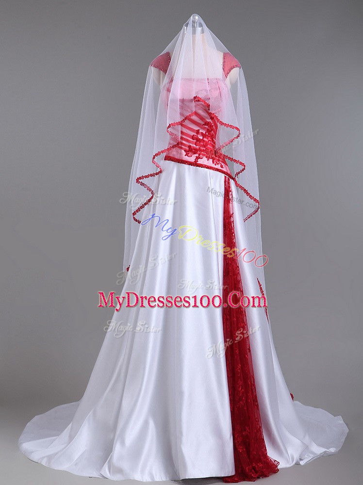 Discount White And Red Cap Sleeves Court Train Lace and Appliques Evening Party Dresses