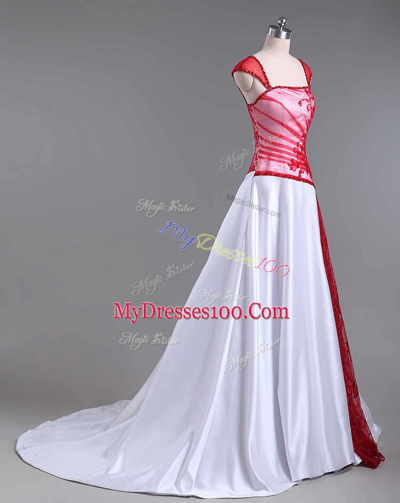 Discount White And Red Cap Sleeves Court Train Lace and Appliques Evening Party Dresses