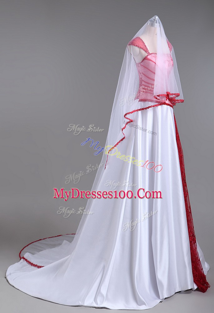 Discount White And Red Cap Sleeves Court Train Lace and Appliques Evening Party Dresses