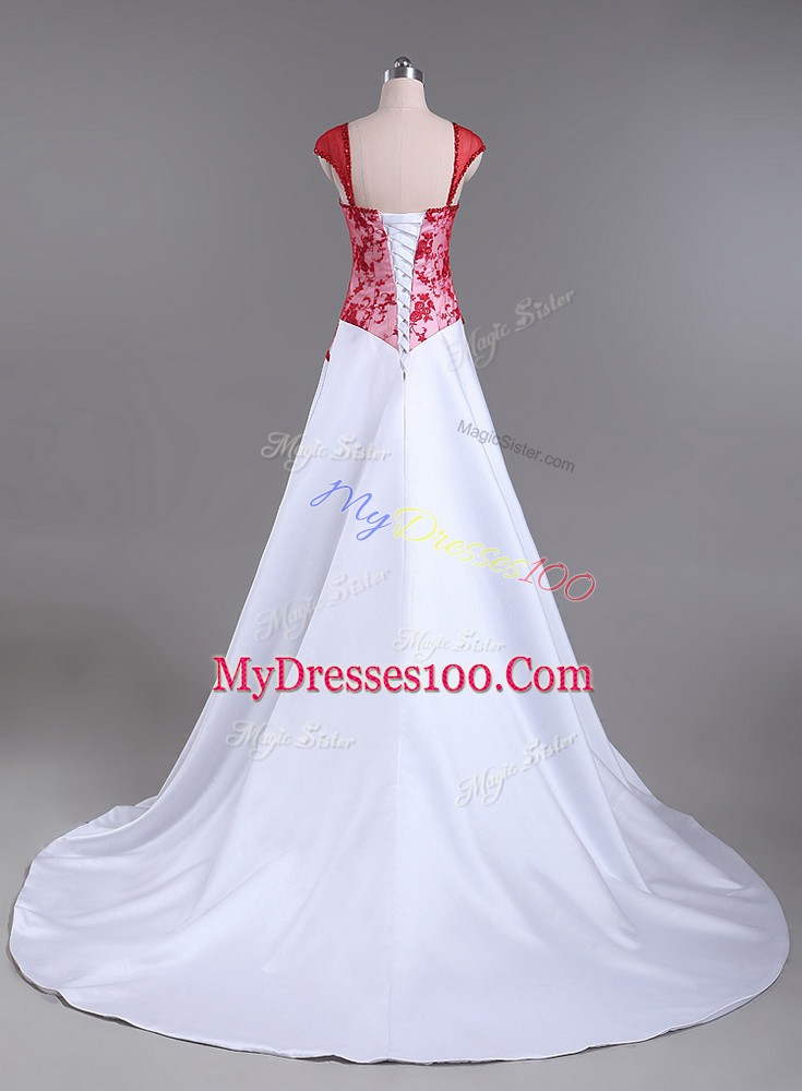 Discount White And Red Cap Sleeves Court Train Lace and Appliques Evening Party Dresses