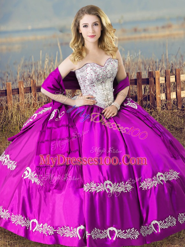Purple Satin Lace Up Sweetheart Sleeveless Floor Length Quinceanera Dress Embroidery