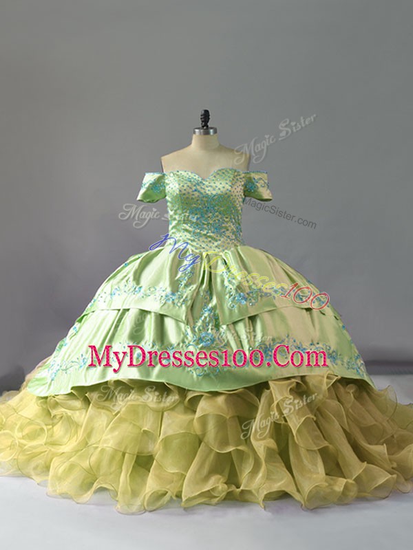 Chapel Train Ball Gowns Quinceanera Gowns Yellow Green Off The Shoulder Organza Sleeveless Lace Up