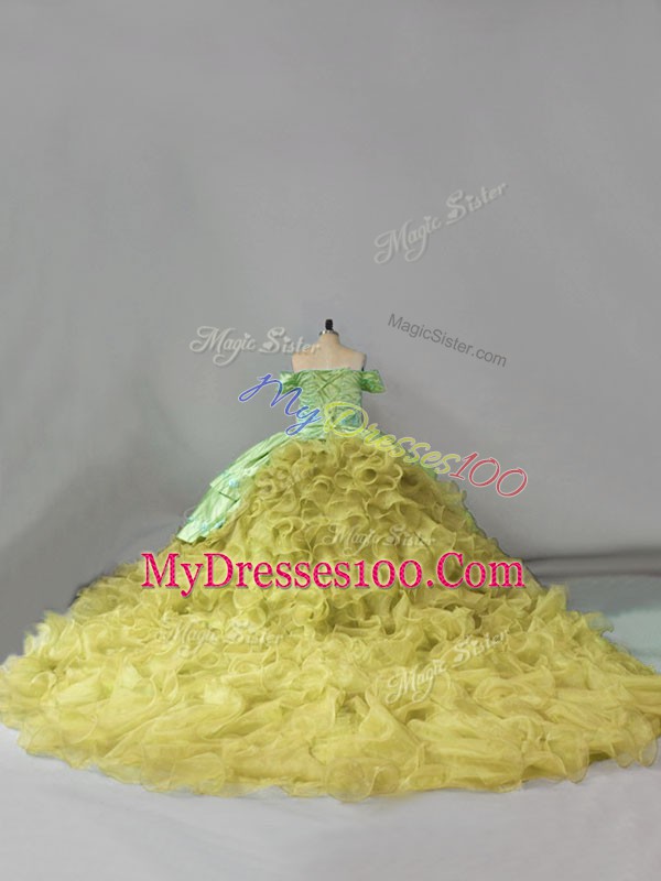 Chapel Train Ball Gowns Quinceanera Gowns Yellow Green Off The Shoulder Organza Sleeveless Lace Up